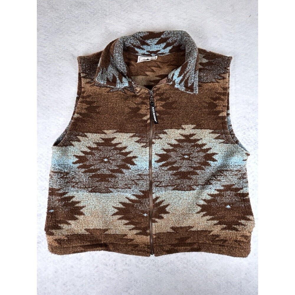 Vintage 90s Black Mountain Aztec Southwest Native Pattern Fleece Zip Vest USA XL